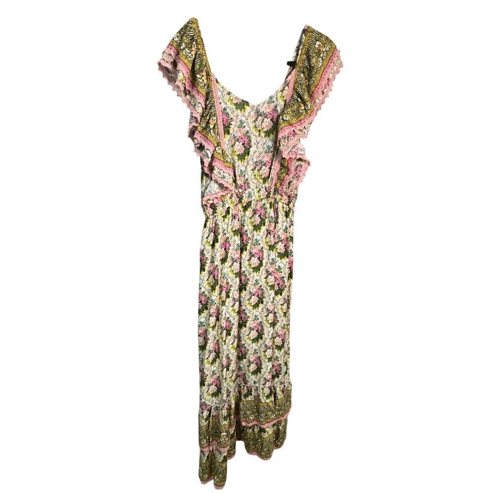 NWT Gipsy Queen Medium Floral Bohemian Maxi Dress Ruffled Sleeves Tiered Hem